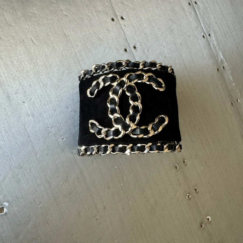 Chanel black suede chain cuff logo bracelet rare Preowned authentic